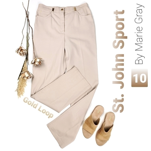 St John Sport Marie Gray Beige Gold Loop Pant 10 - Picture 1 of 12